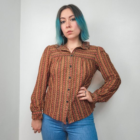 Vintage 70s Bold Zig Zag Print Ruffled High Neck Blouse - Picture 2 of 7
